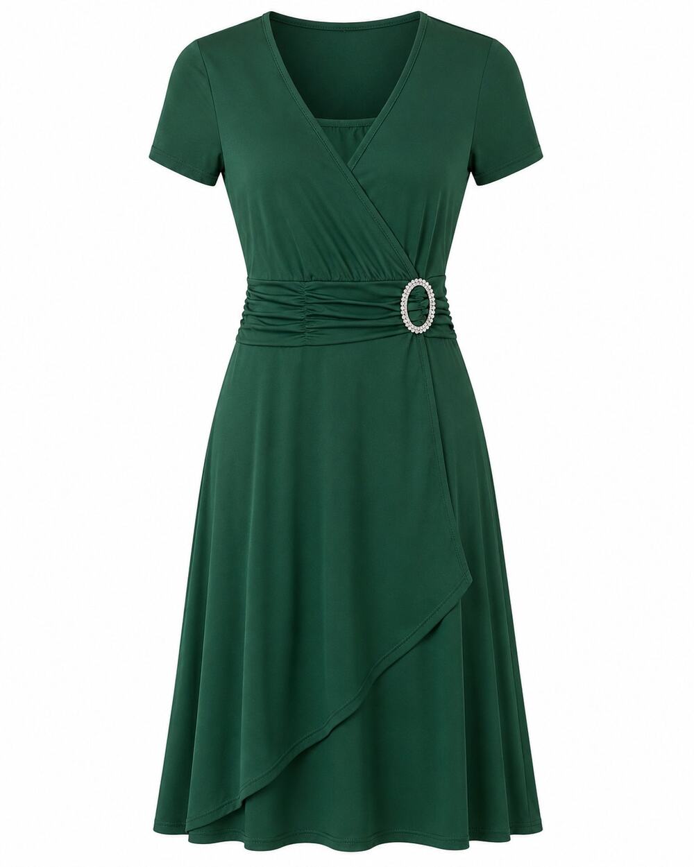 Women's Emerald Green Faux Wrap Midi Dress Short Sleeve Rhinestone Size Small